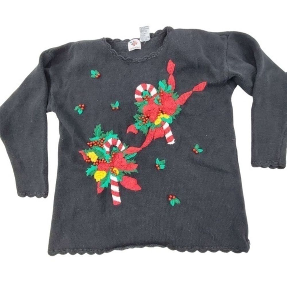 Nutcracker Sweater L Candy Cane Embroidered Ugly Christmas Holly Black Scallop